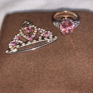 Pretty Princess Crown Necklace Charm and Pink & Silver Ring Combo